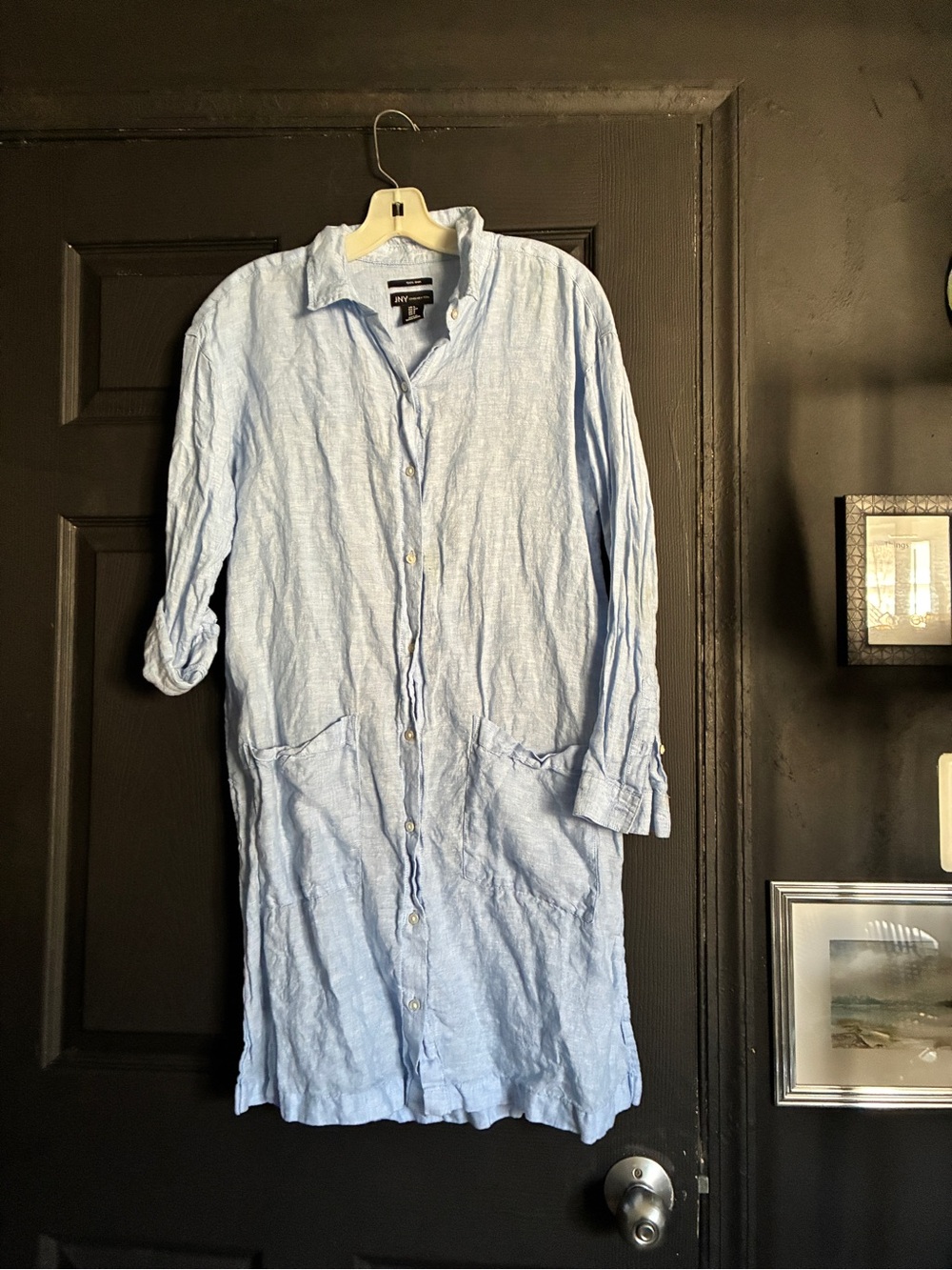 Light Blue Linen Button-Front Shirt Dress